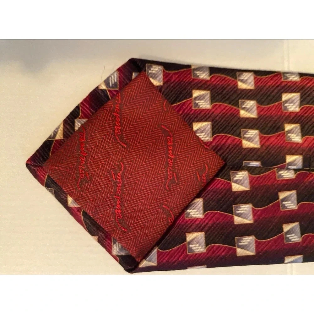 Antonia Collection Mens Silk‎ Tie Burgundy Black Geometric Square Pattern Hand